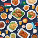 A vibrant school cafeteria scene featuring a diverse array of international dishes displayed on colorful trays