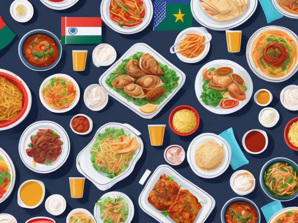 A vibrant school cafeteria scene featuring a diverse array of international dishes displayed on colorful trays